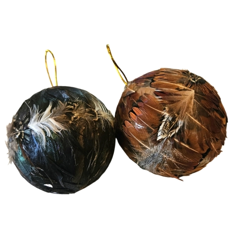 Hand Crafted Christmas Ornaments upcycled feathers brown 2pc Set Farmhouse decor